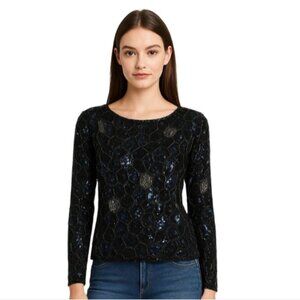 Swee lo Vintage Black Silk Sequin Beaded Long Sleeve Blouse